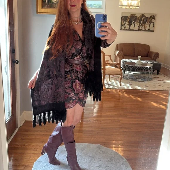 LA Fiorentina NEIMAN Marcus Genuine Fur wool wrap shawl scarf black purple rare - Picture 2 of 14